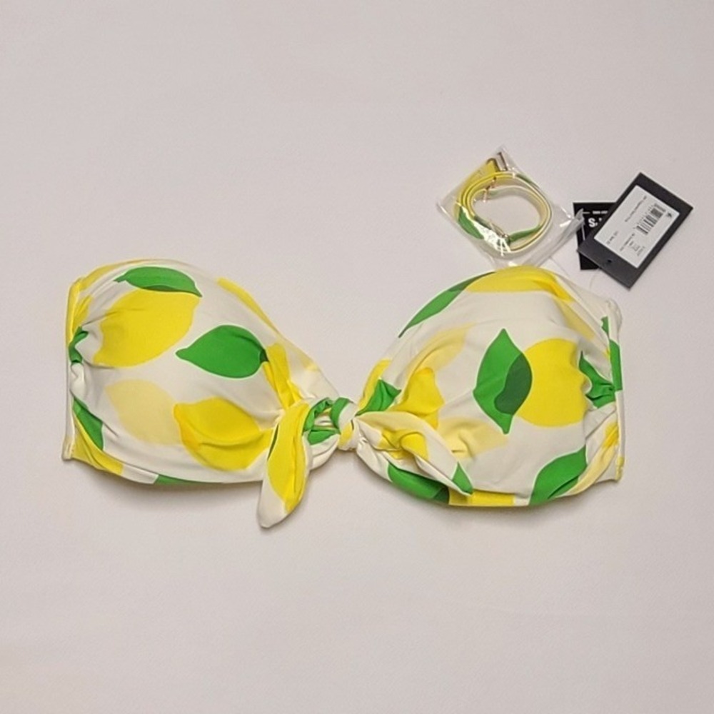 Kate Spade New York Lemon Print Bandeau Bikini Top Ivory Yellow Green Size L NEW